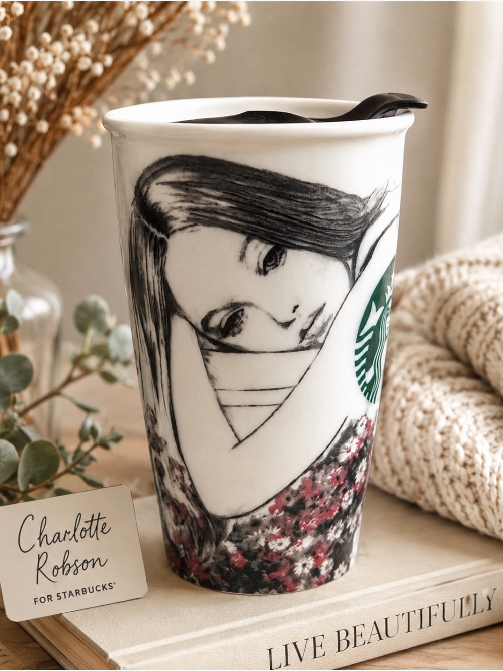Starbucks Charlotte Ronson Floral Tumbler Ceramic Coffee/Tea Cup with Lid
